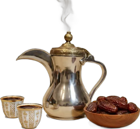 دلة قهوة عربية مع فناجين وتمر